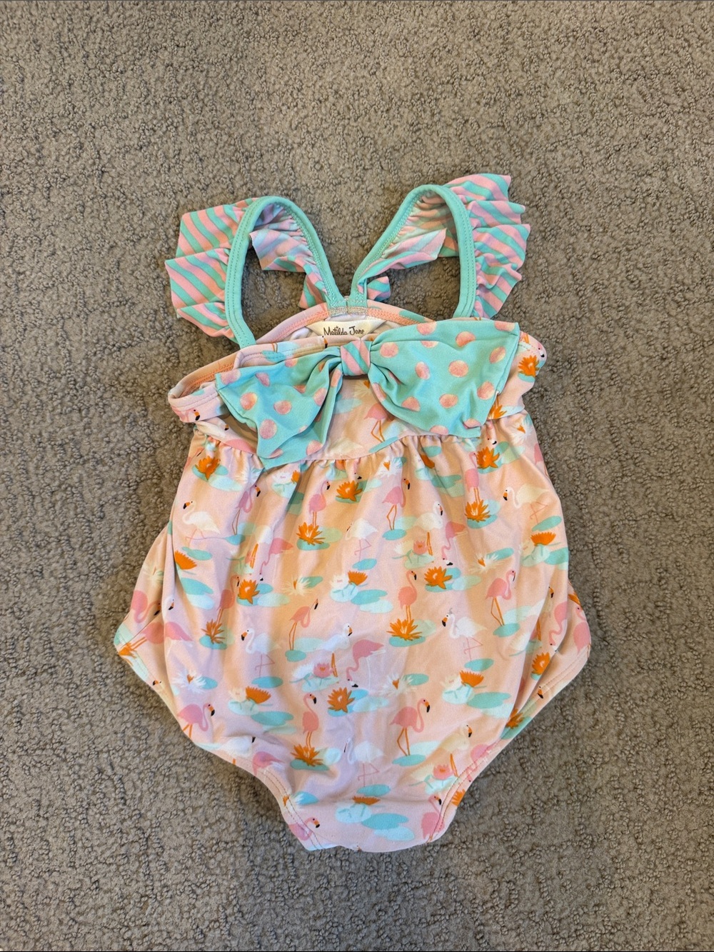 Matilda Jane Pink Flamingo Print Baby Girls' One-Piece Swimsuit with Mint Bow
